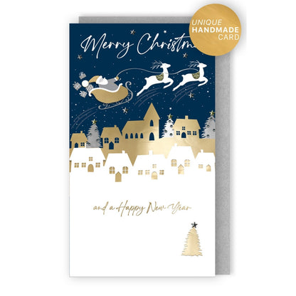 Merry Christmas Card Champagne Hand-Finished Embellished Santa Flying Design