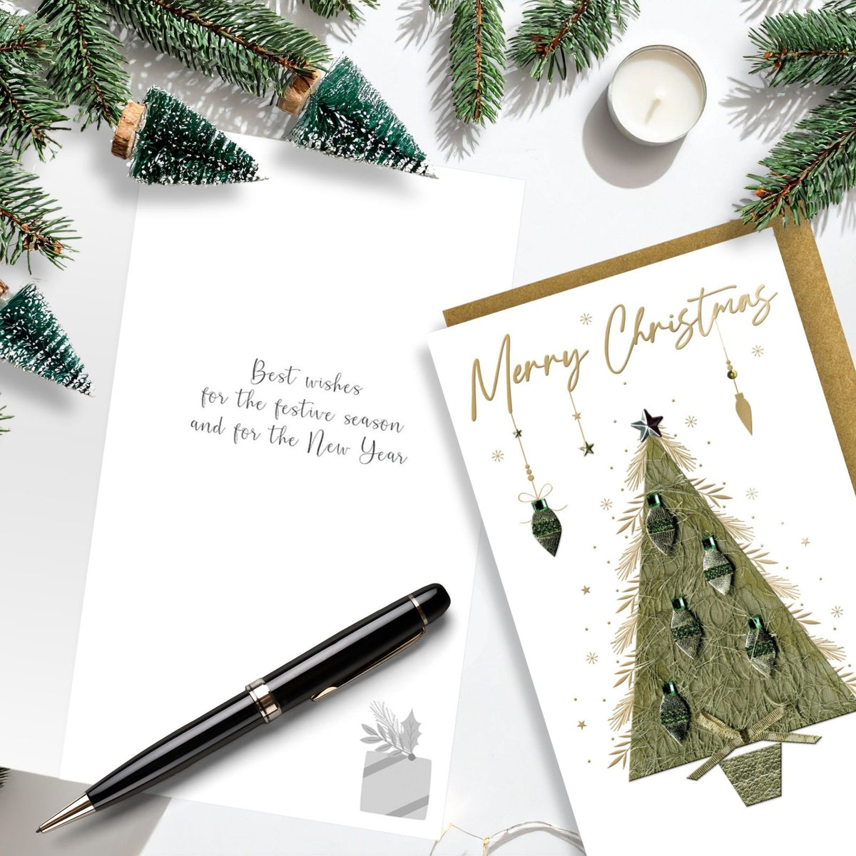 Merry Christmas Card Champagne Hand-Finished Embellished Christmas Tree Design