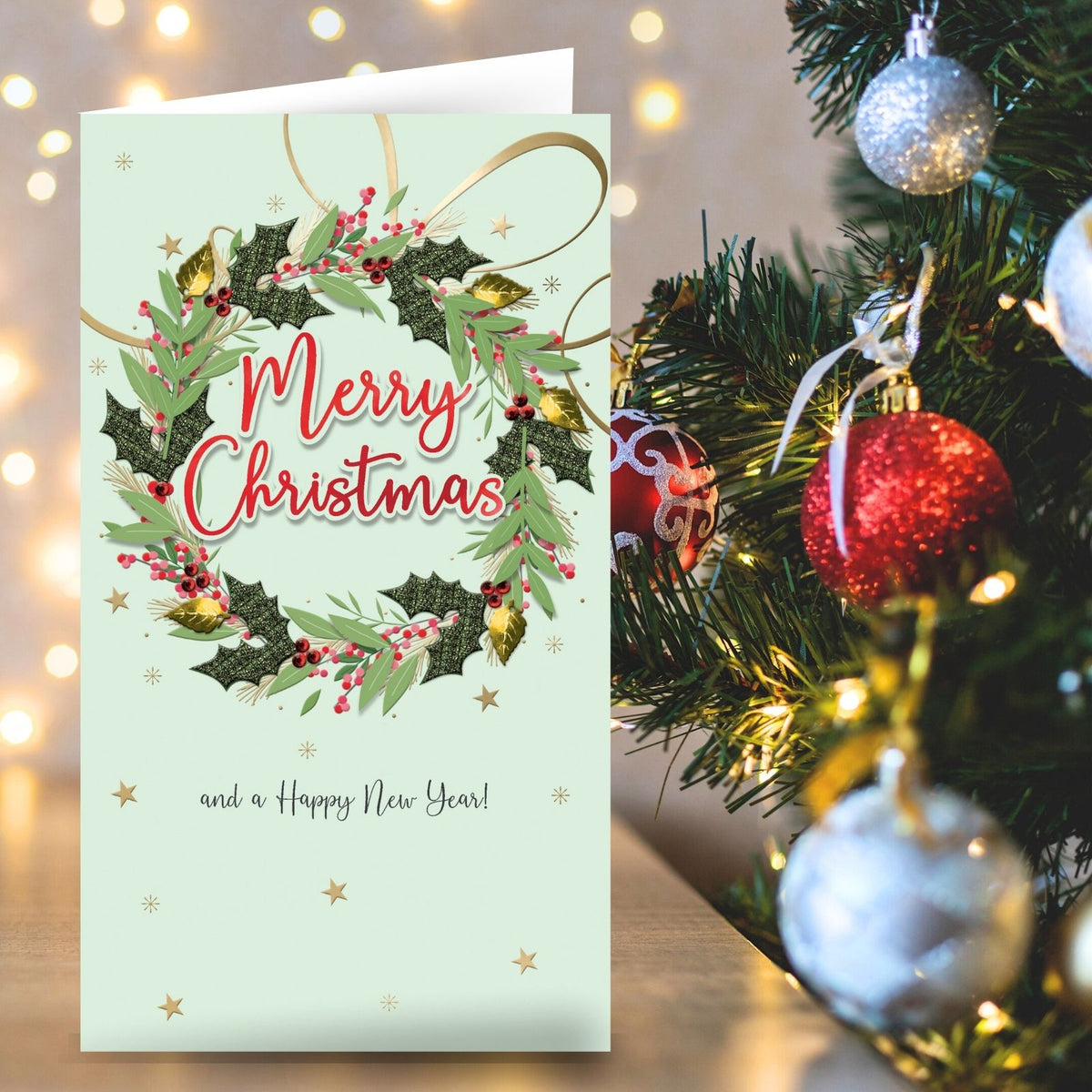 Merry Christmas Card Champagne Hand-Finished Embellished Wreath Design