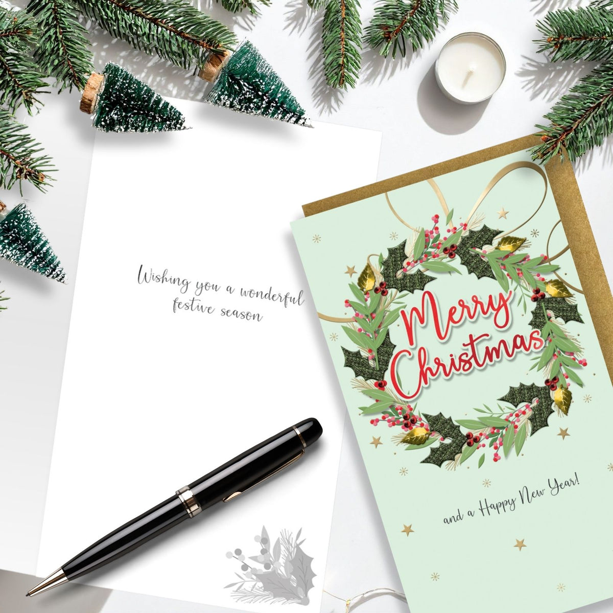 Merry Christmas Card Champagne Hand-Finished Embellished Wreath Design