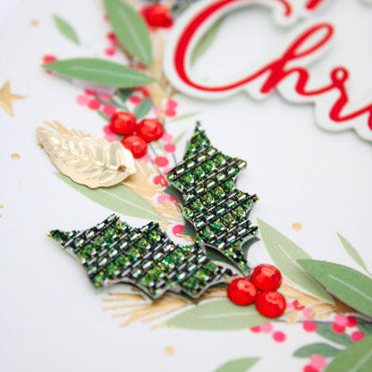 Merry Christmas Card Champagne Hand-Finished Embellished Wreath Design