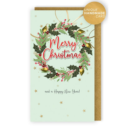 Merry Christmas Card Champagne Hand-Finished Embellished Wreath Design