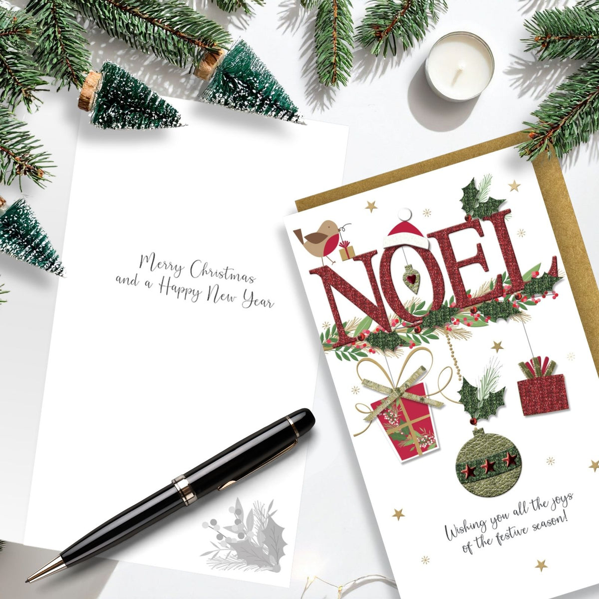 NOEL Christmas Card Champagne Hand-Finished Embellished Festive Design