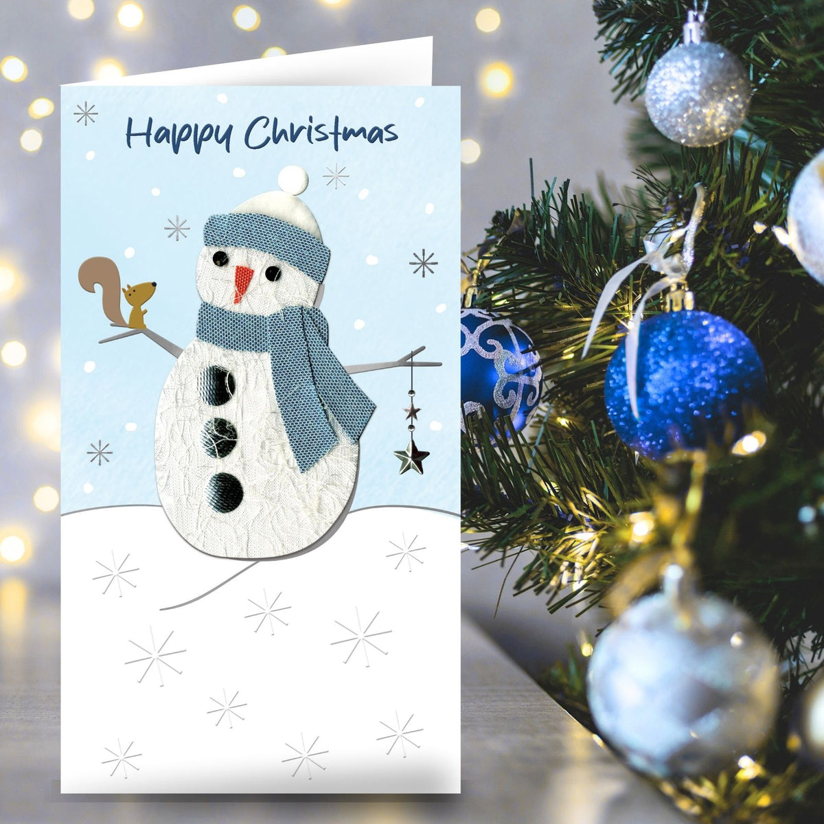 Happy Christmas Card Champagne Hand-Finished Embellished Snowman Design