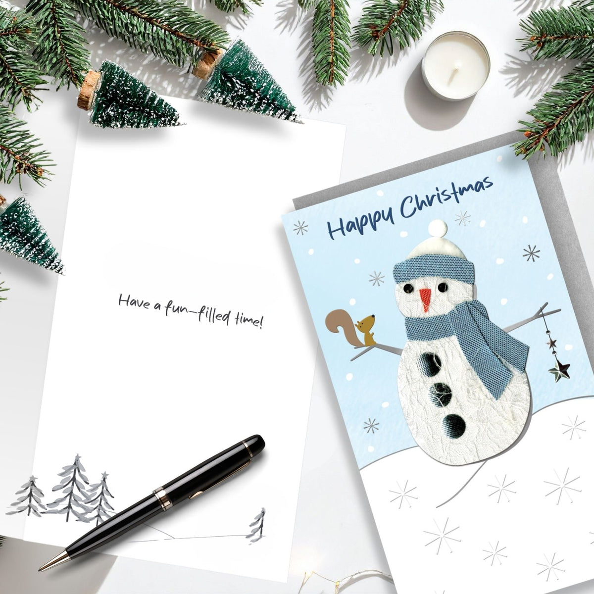Happy Christmas Card Champagne Hand-Finished Embellished Snowman Design