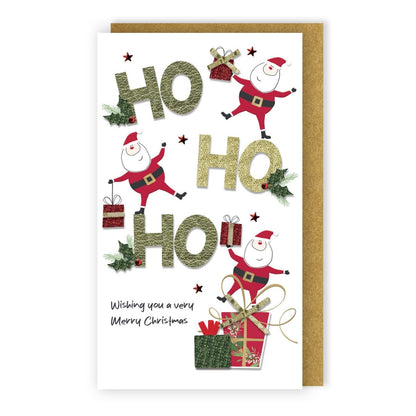 Santa Christmas Card Champagne Hand-Finished Embellished HO HO HO Design