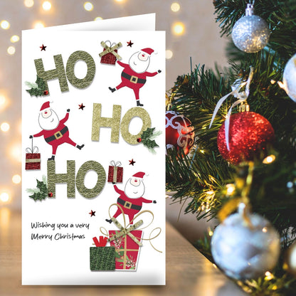 Santa Christmas Card Champagne Hand-Finished Embellished HO HO HO Design