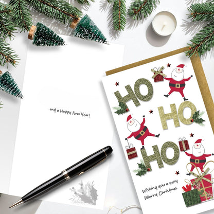 Santa Christmas Card Champagne Hand-Finished Embellished HO HO HO Design