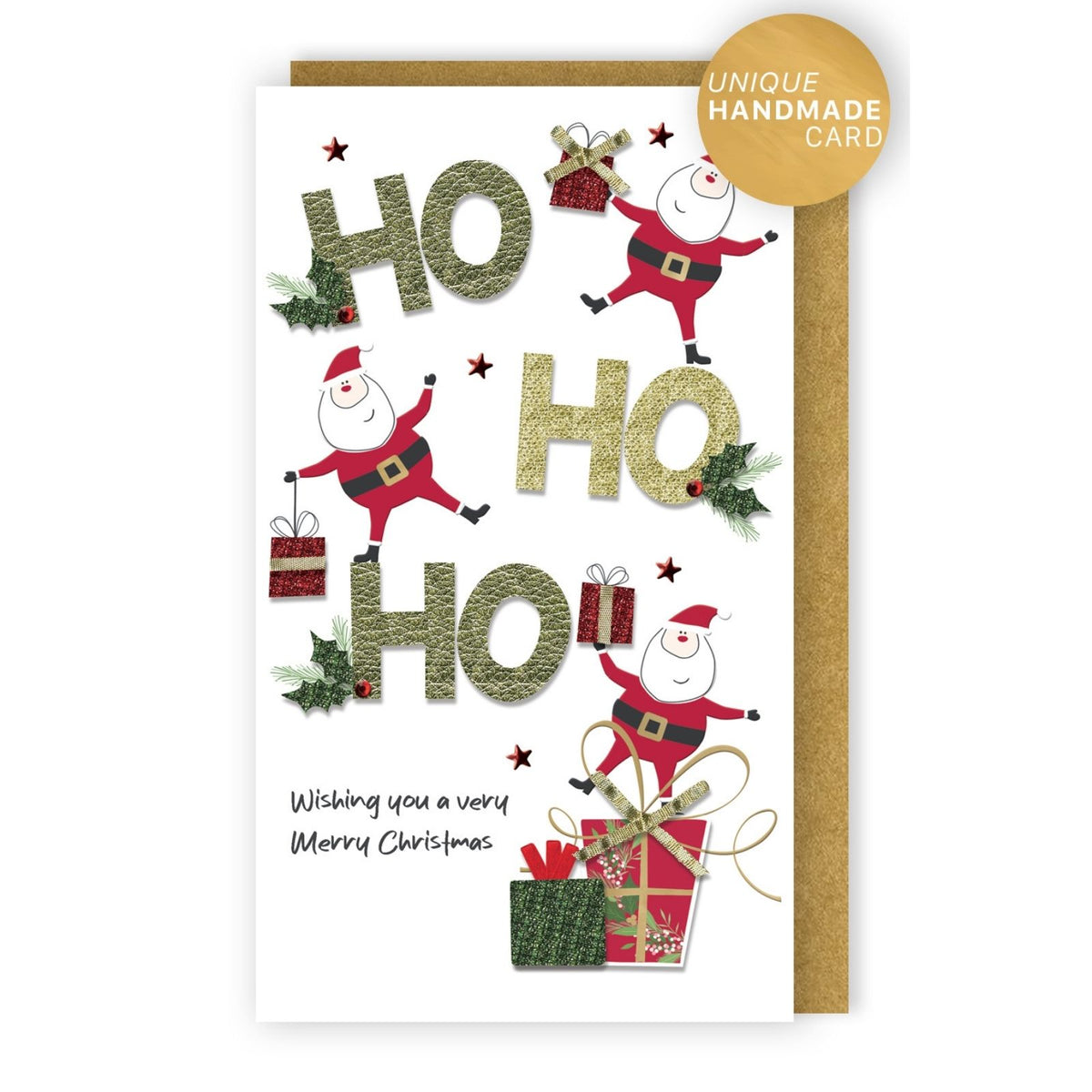 Santa Christmas Card Champagne Hand-Finished Embellished HO HO HO Design