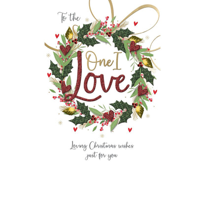 One I Love Christmas Card Champagne Hand-Finished Embellished Wreath Design