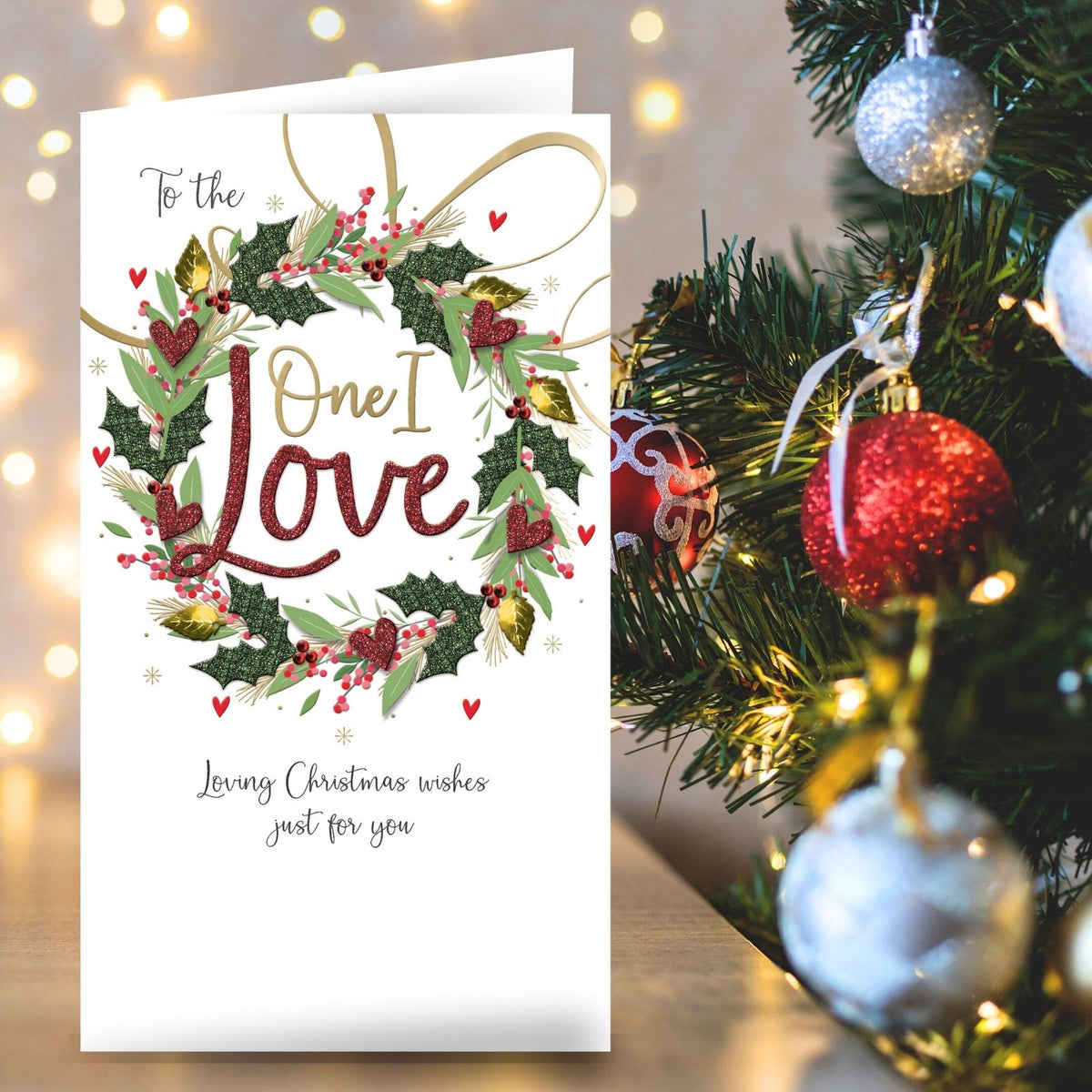 One I Love Christmas Card Champagne Hand-Finished Embellished Wreath Design