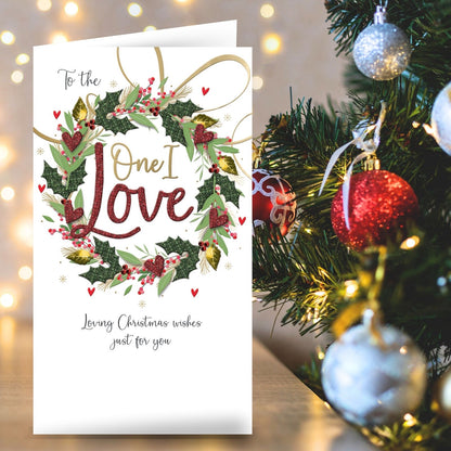 One I Love Christmas Card Champagne Hand-Finished Embellished Wreath Design