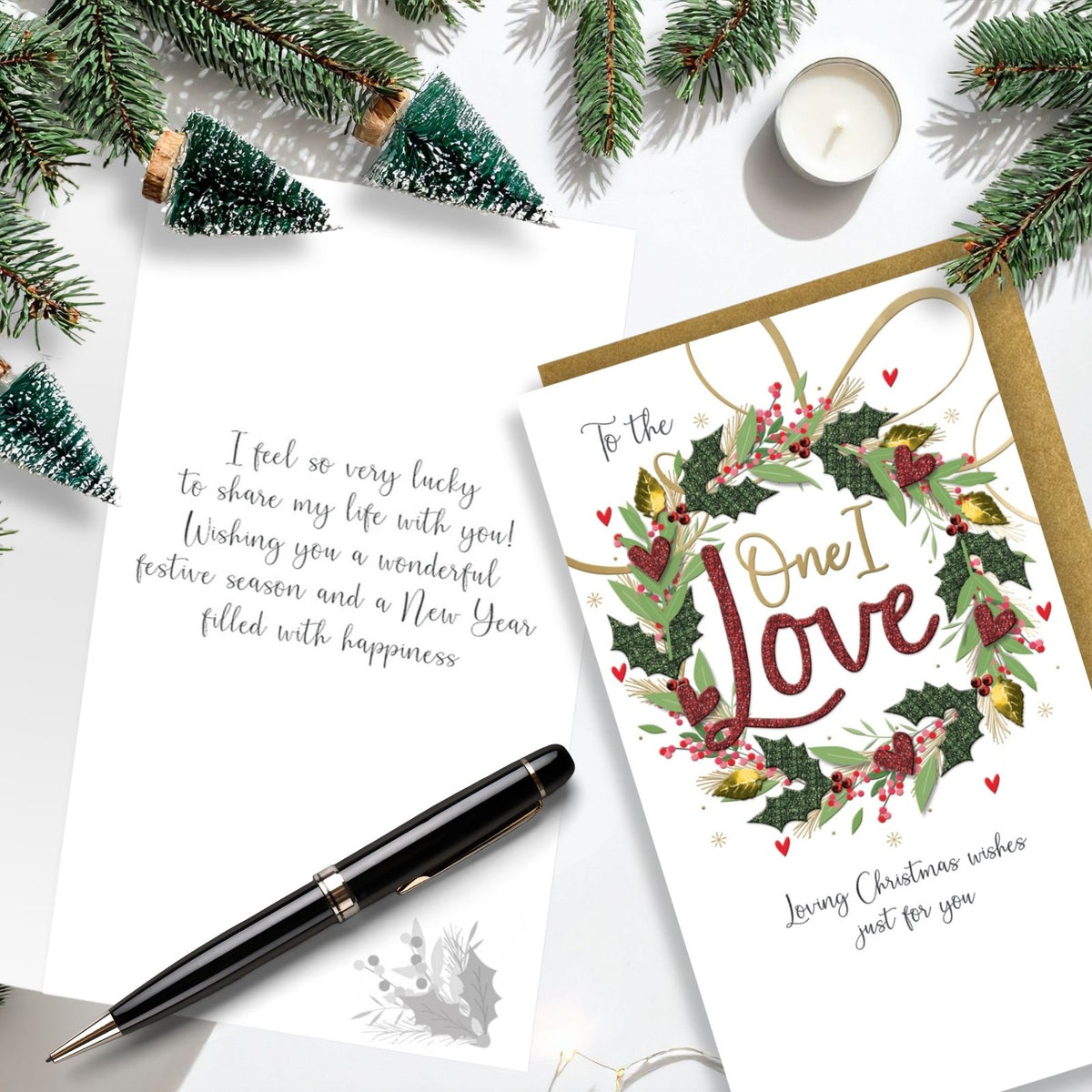 One I Love Christmas Card Champagne Hand-Finished Embellished Wreath Design