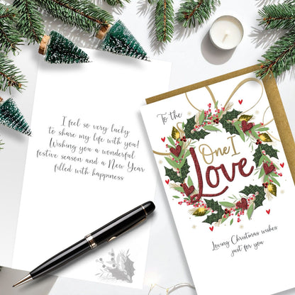 One I Love Christmas Card Champagne Hand-Finished Embellished Wreath Design