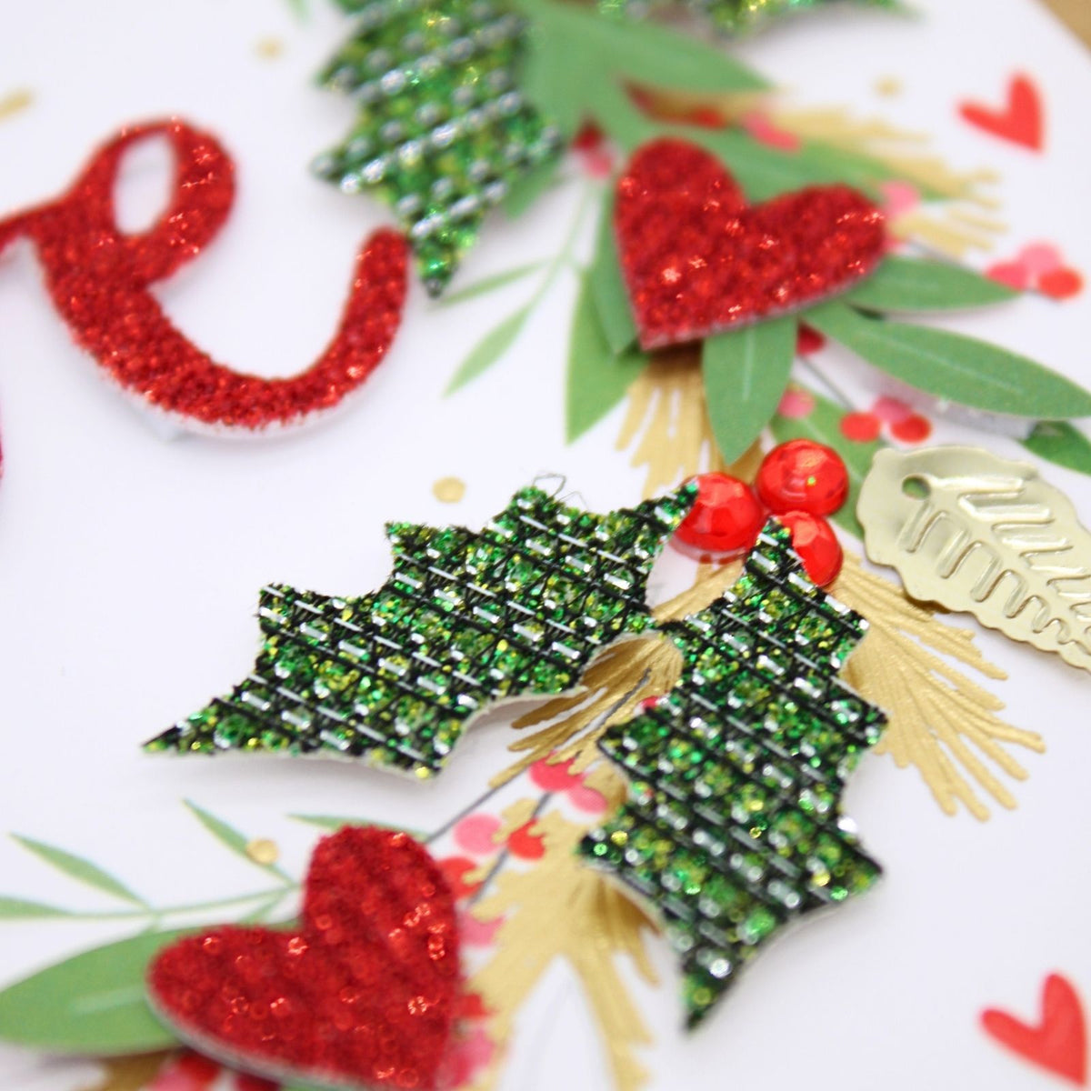 One I Love Christmas Card Champagne Hand-Finished Embellished Wreath Design