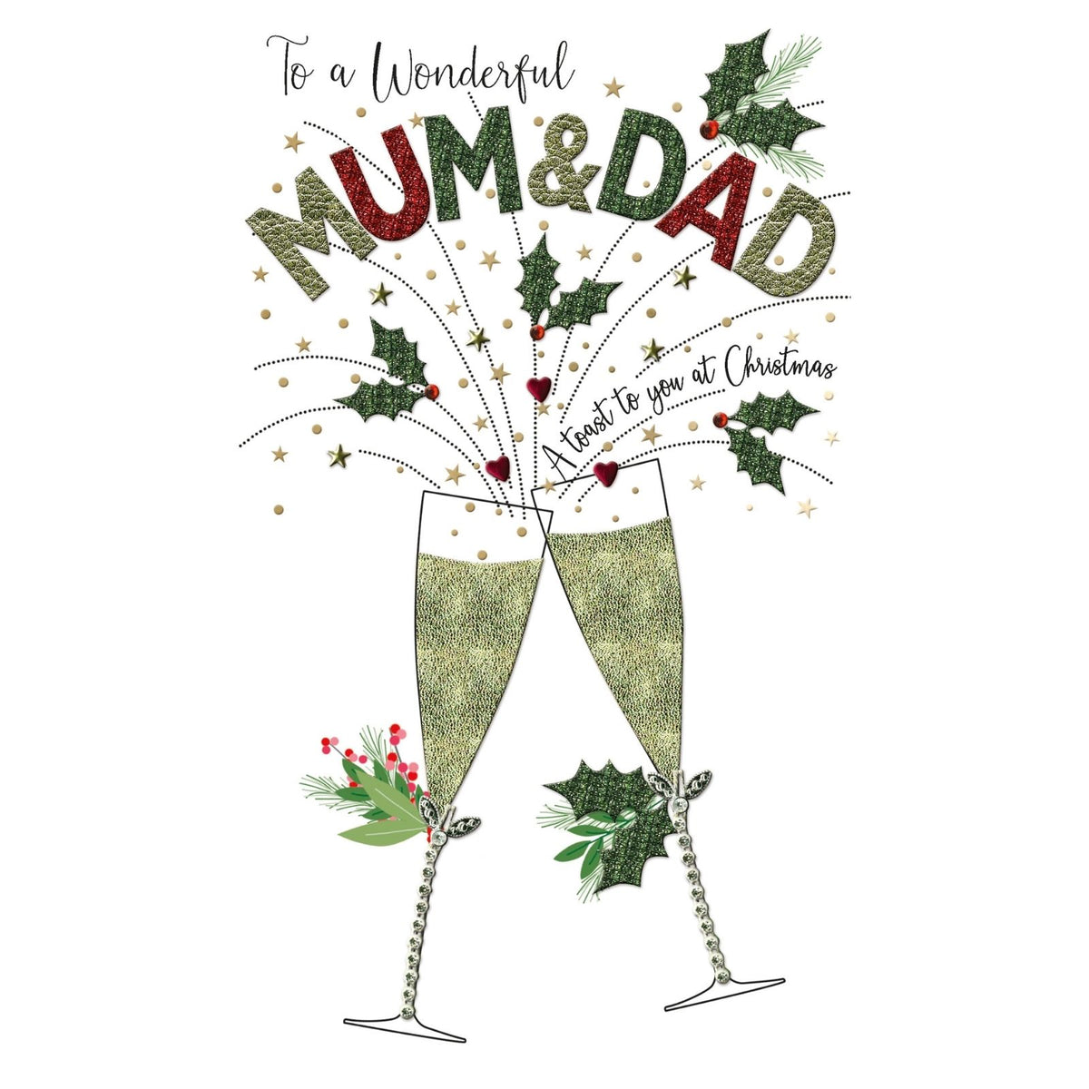 Mum & Dad Christmas Card Champagne Hand-Finished Embellished Flutes Toast Design