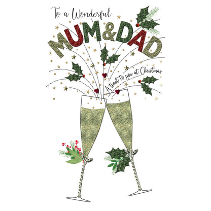 Mum & Dad Christmas Card Champagne Hand-Finished Embellished Flutes Toast Design