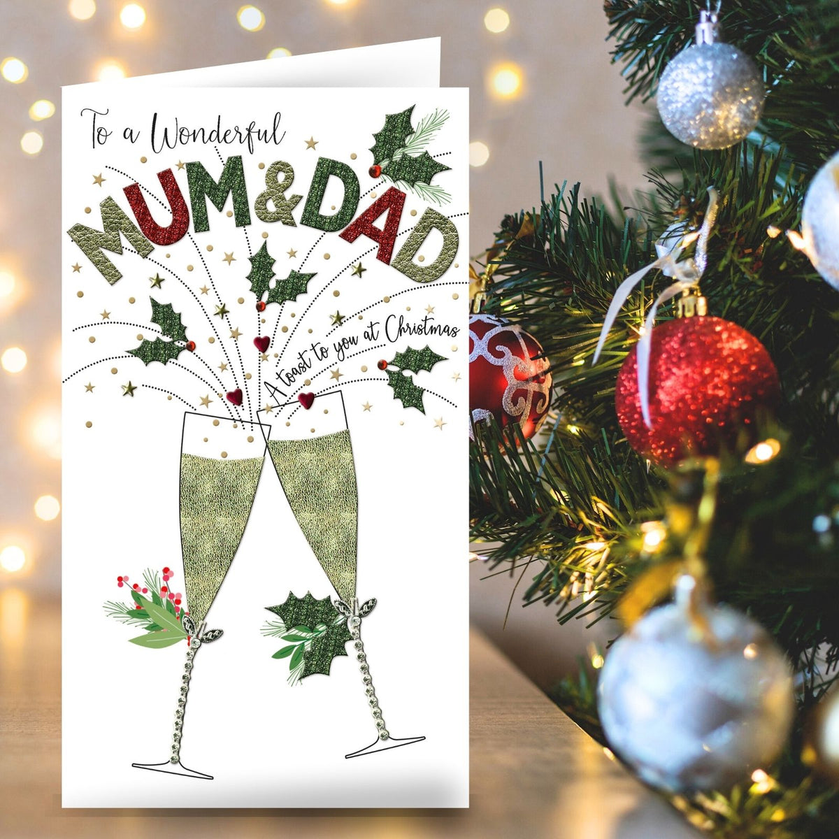 Mum & Dad Christmas Card Champagne Hand-Finished Embellished Flutes Toast Design
