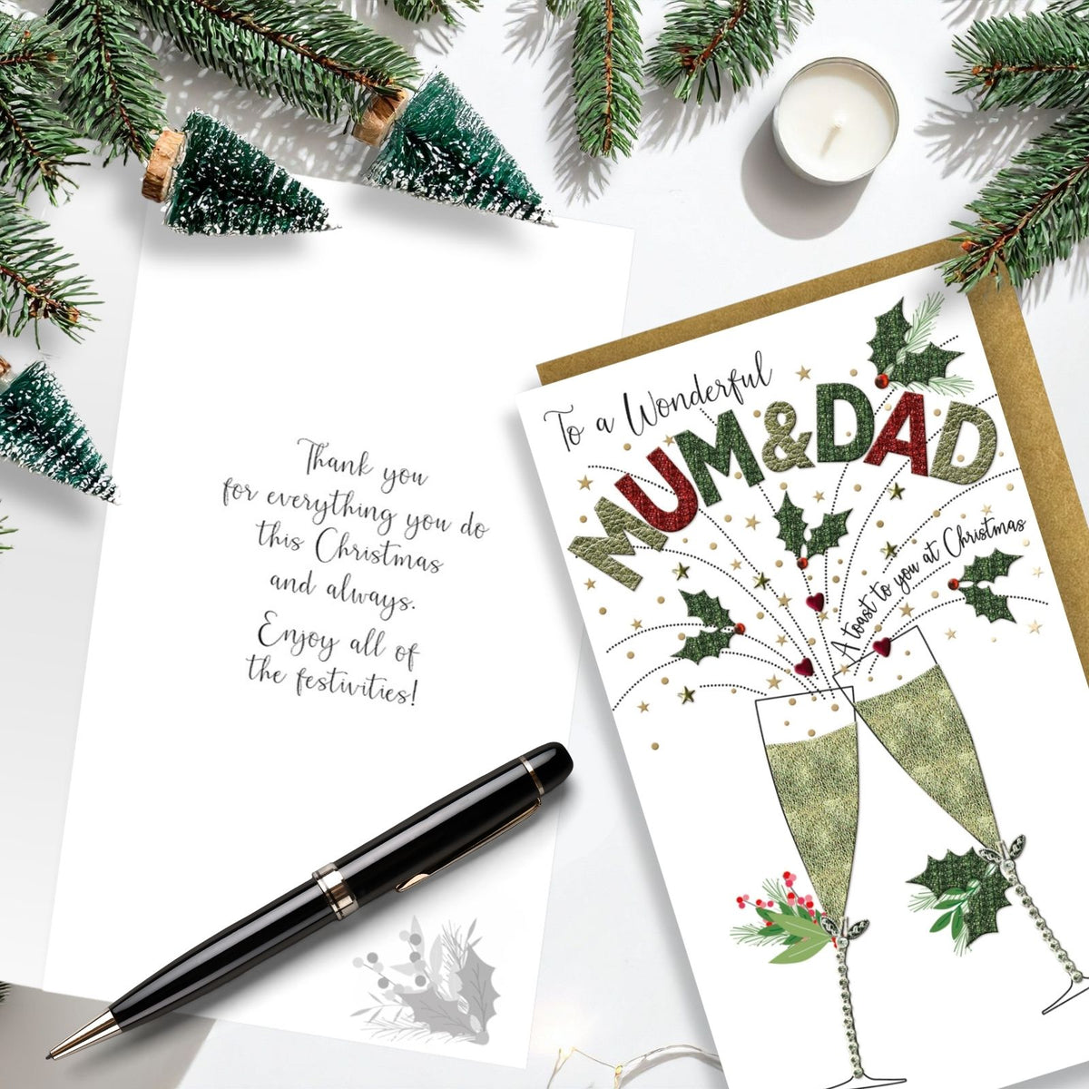 Mum & Dad Christmas Card Champagne Hand-Finished Embellished Flutes Toast Design