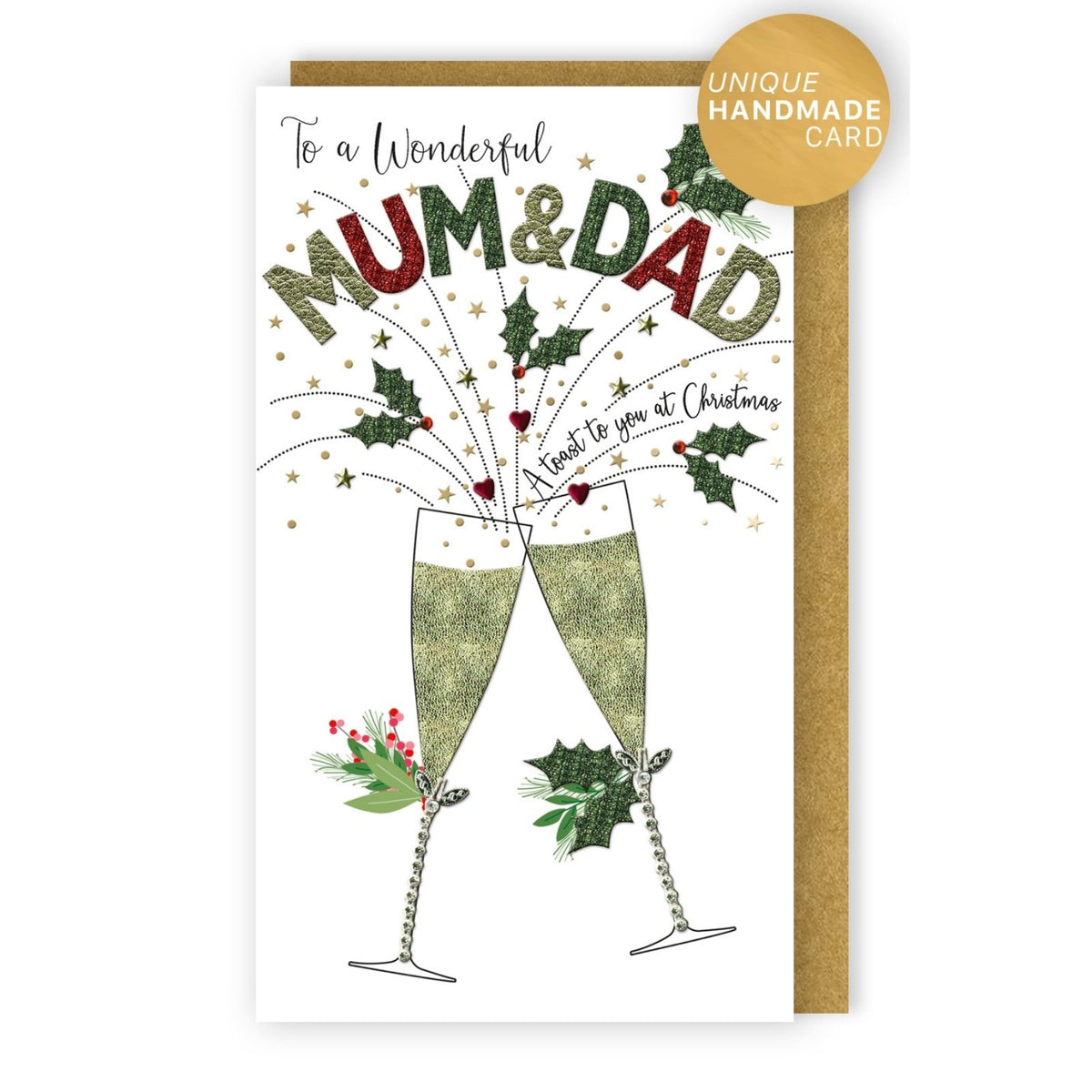 Mum & Dad Christmas Card Champagne Hand-Finished Embellished Flutes Toast Design