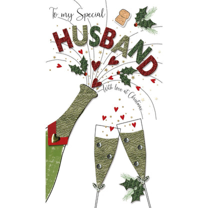 Husband Christmas Card Champagne Hand-Finished Embellished Flutes Toast Design