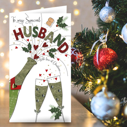 Husband Christmas Card Champagne Hand-Finished Embellished Flutes Toast Design