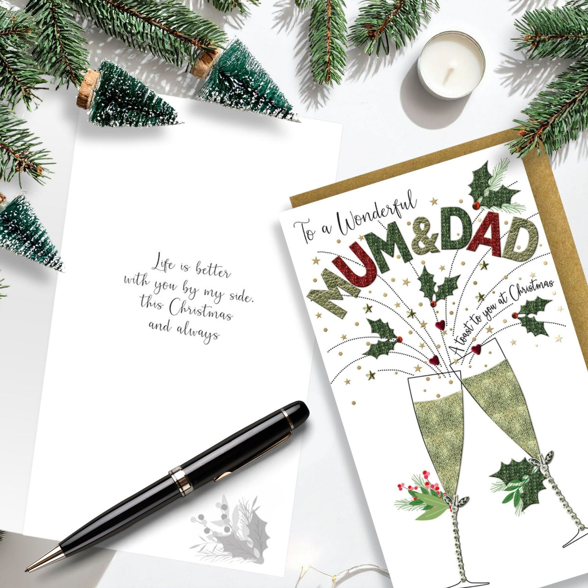 Husband Christmas Card Champagne Hand-Finished Embellished Flutes Toast Design