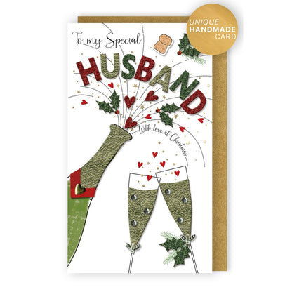 Husband Christmas Card Champagne Hand-Finished Embellished Flutes Toast Design