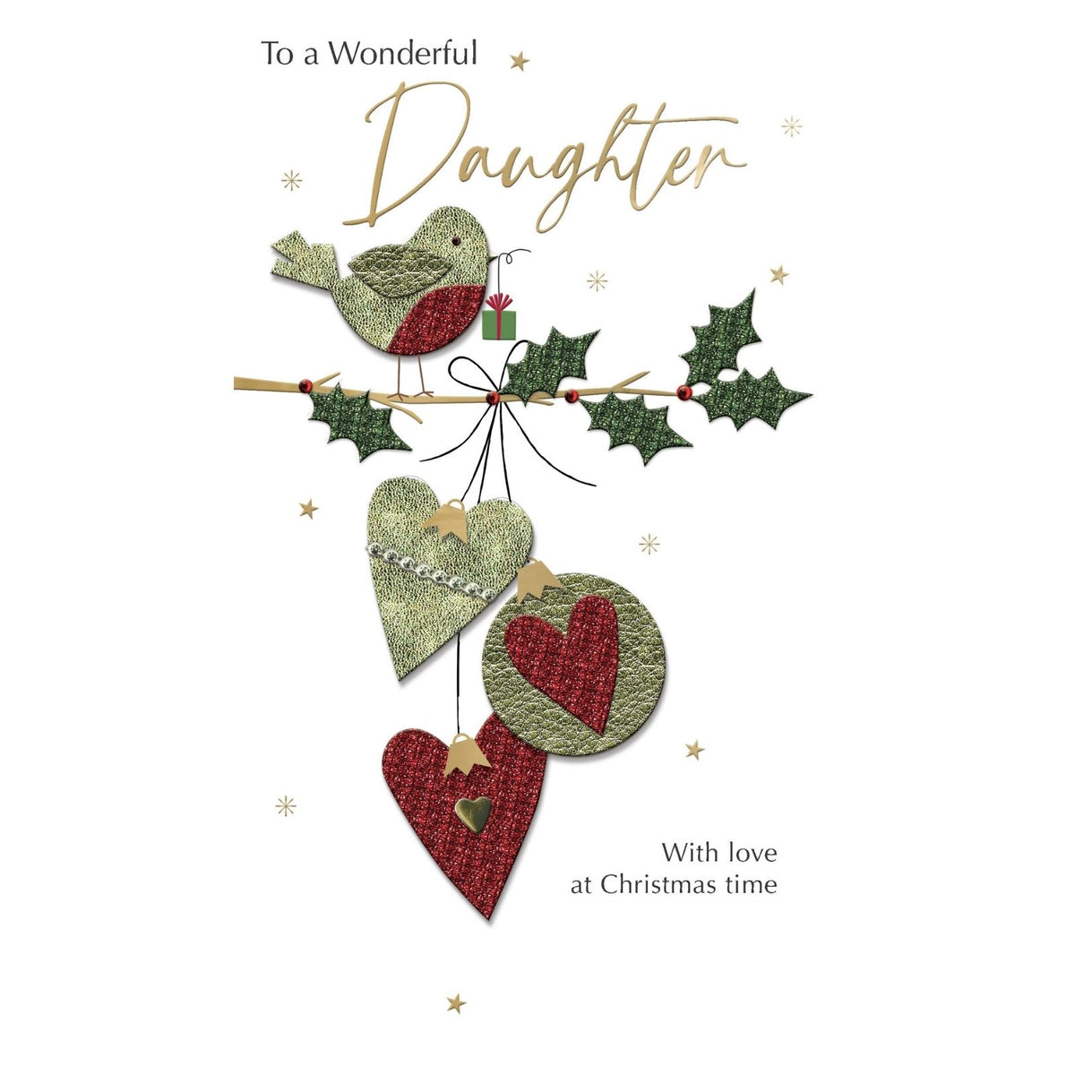Daughter Christmas Card Champagne Hand-Finished Embellished Robin Design