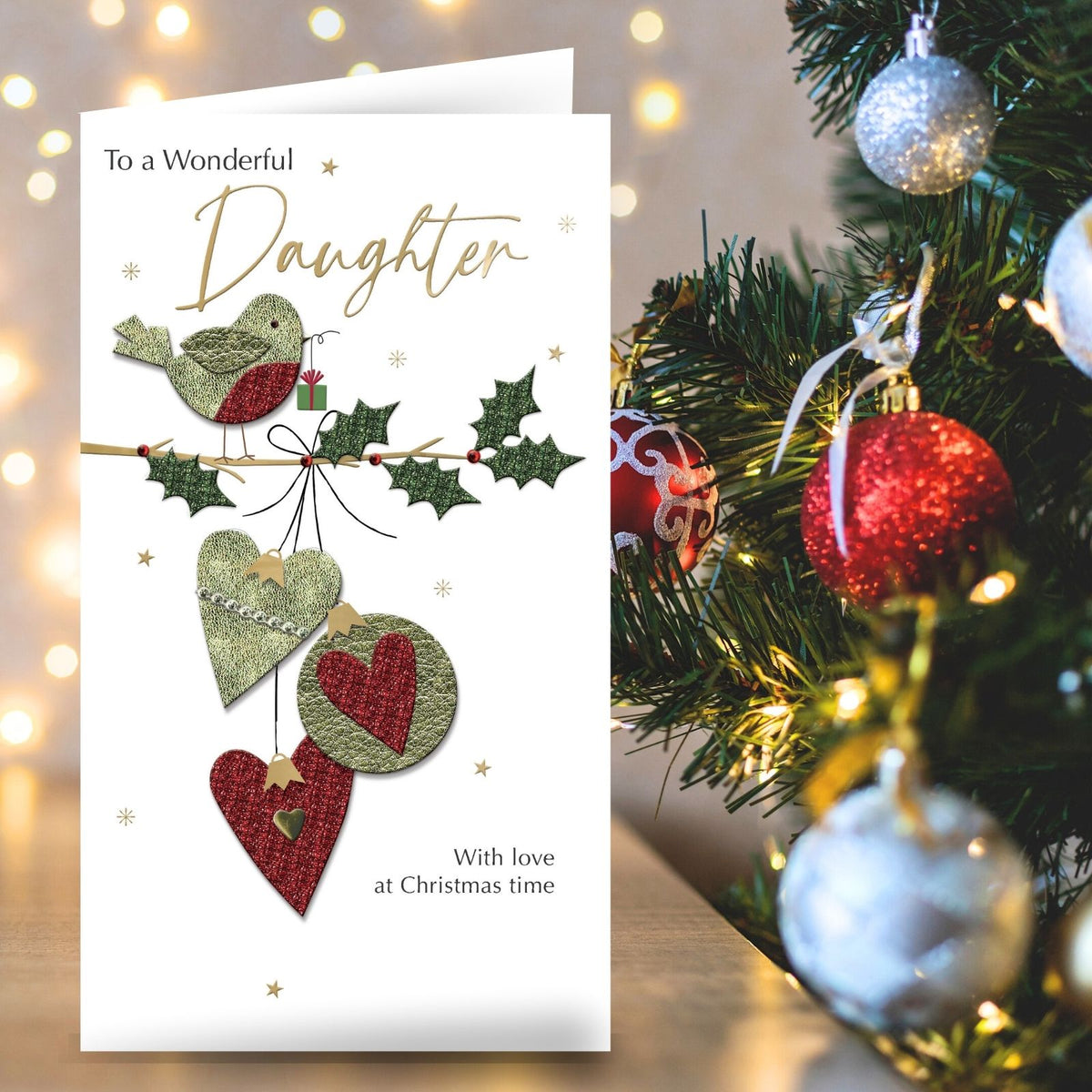 Daughter Christmas Card Champagne Hand-Finished Embellished Robin Design