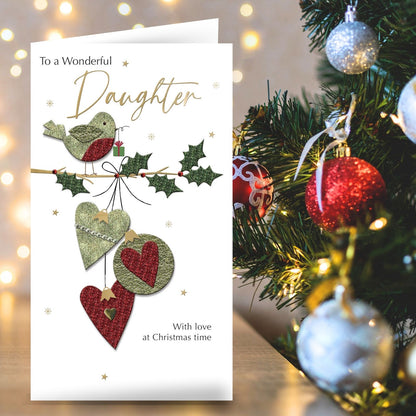Daughter Christmas Card Champagne Hand-Finished Embellished Robin Design