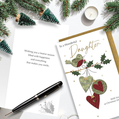 Daughter Christmas Card Champagne Hand-Finished Embellished Robin Design