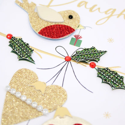 Daughter Christmas Card Champagne Hand-Finished Embellished Robin Design