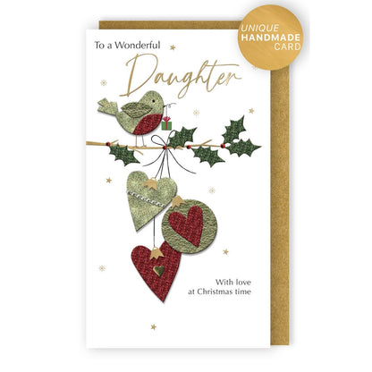 Daughter Christmas Card Champagne Hand-Finished Embellished Robin Design