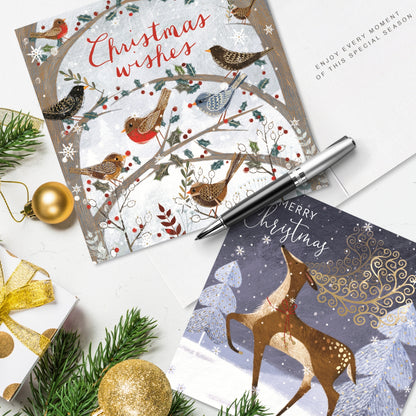 Box of 8 Foiled Birds & Festive Stag Christmas Cards