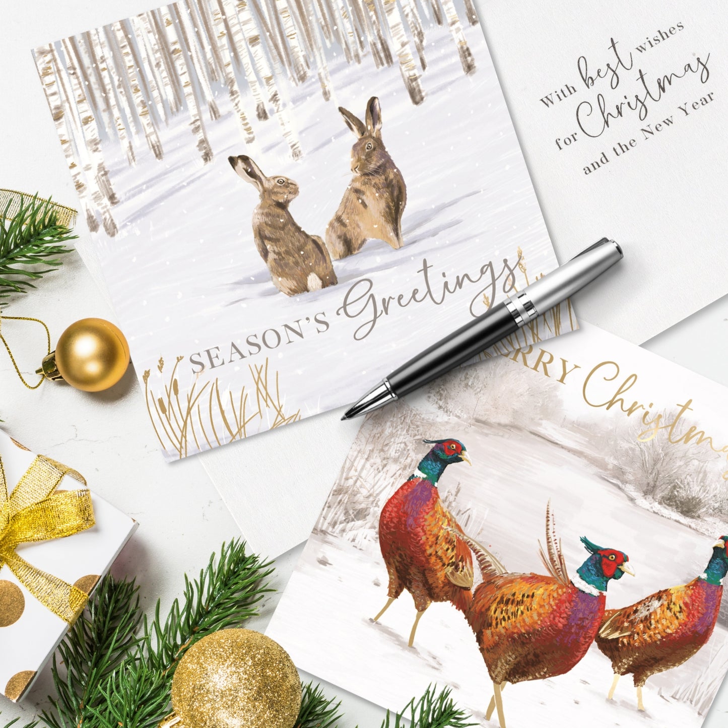 Box of 8 Foiled Xmas Hares & Pheasants Christmas Cards