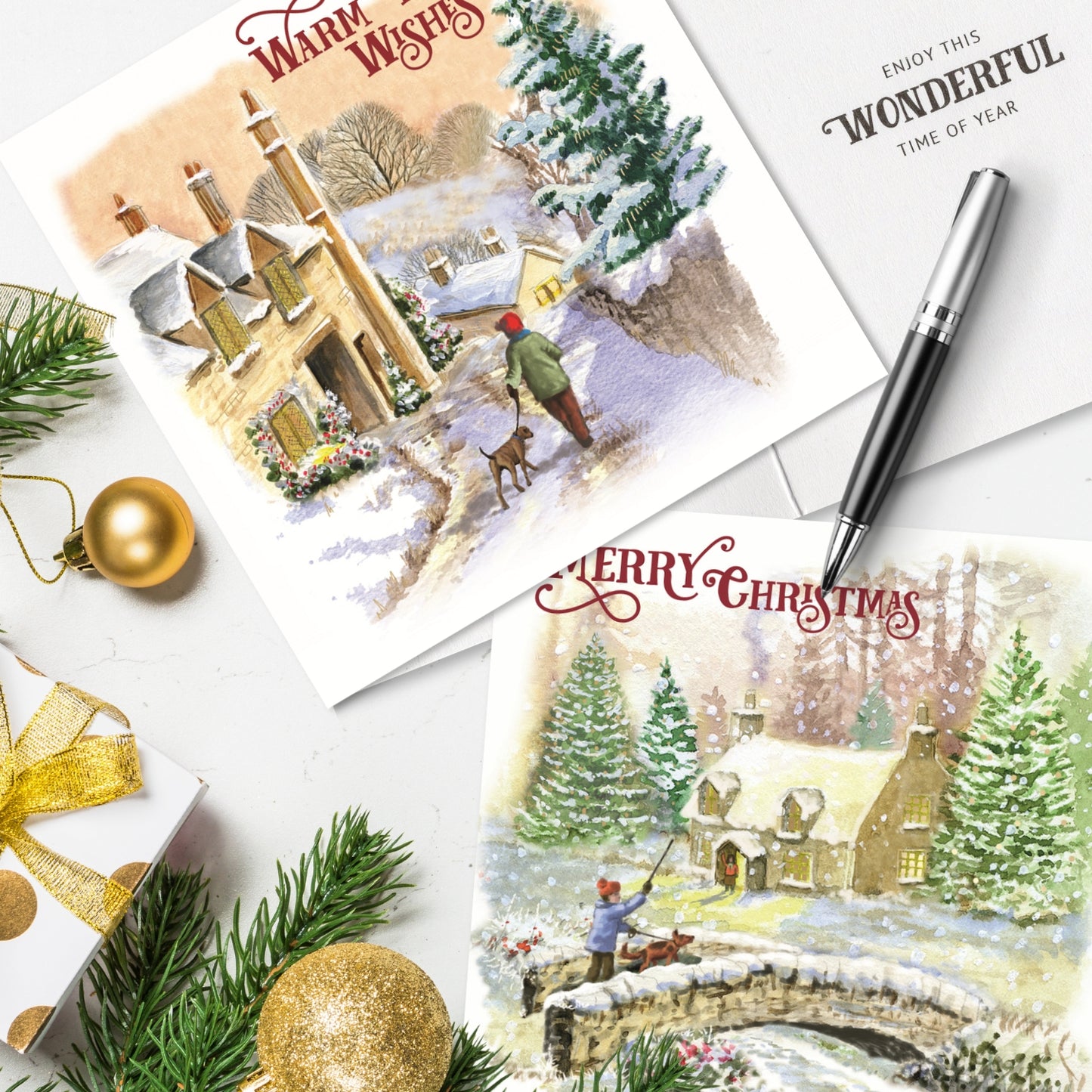 Box of 8 2 Beautiful Snowy Xmas Scenes Christmas Cards