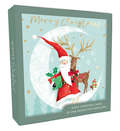 Box Of 8 Merry Christmas Santa & Reindeer Moon Christmas Cards Xmas Card Boxes