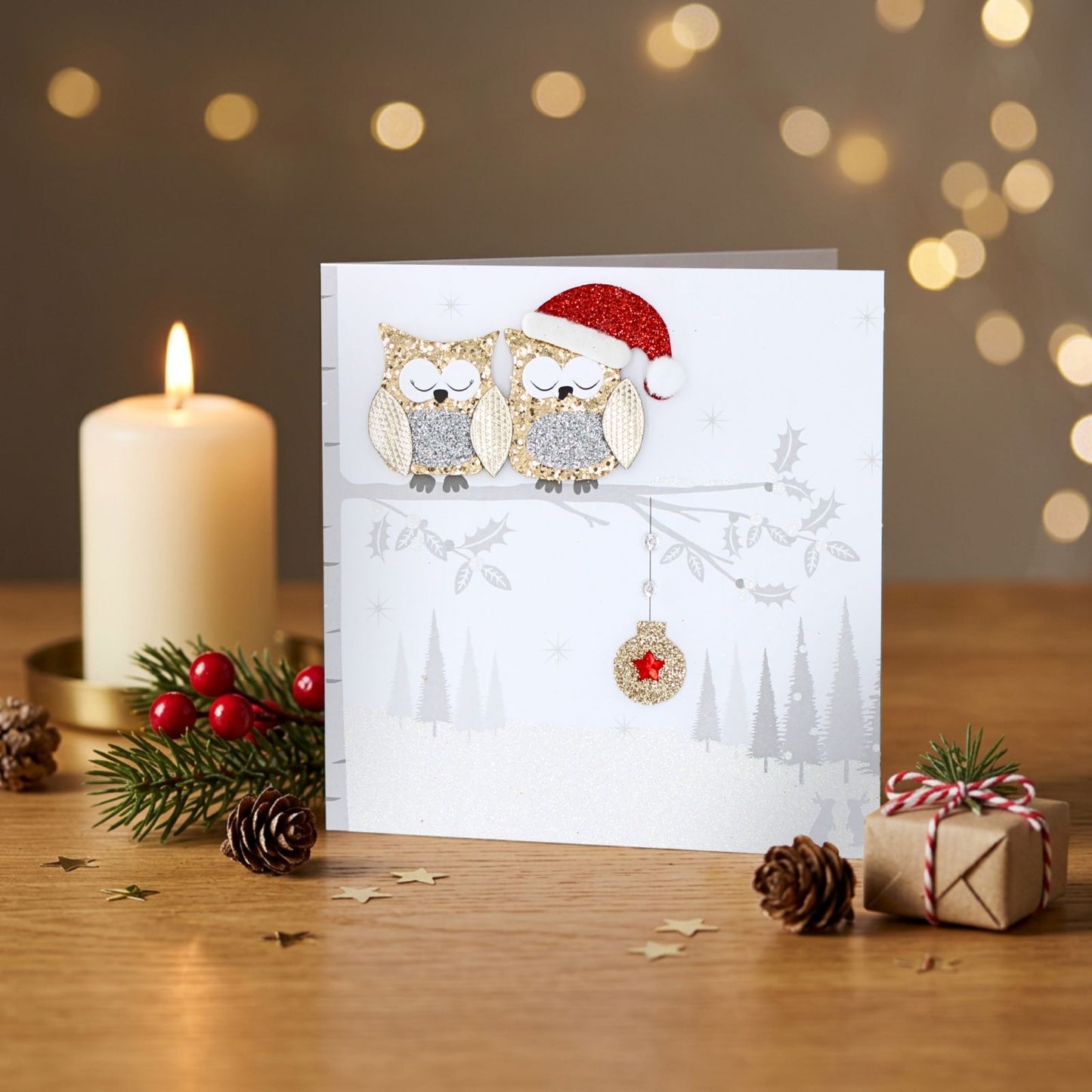 Festive Owls Christmas Card Flittered Hand-Finished Embellished Blank Inside