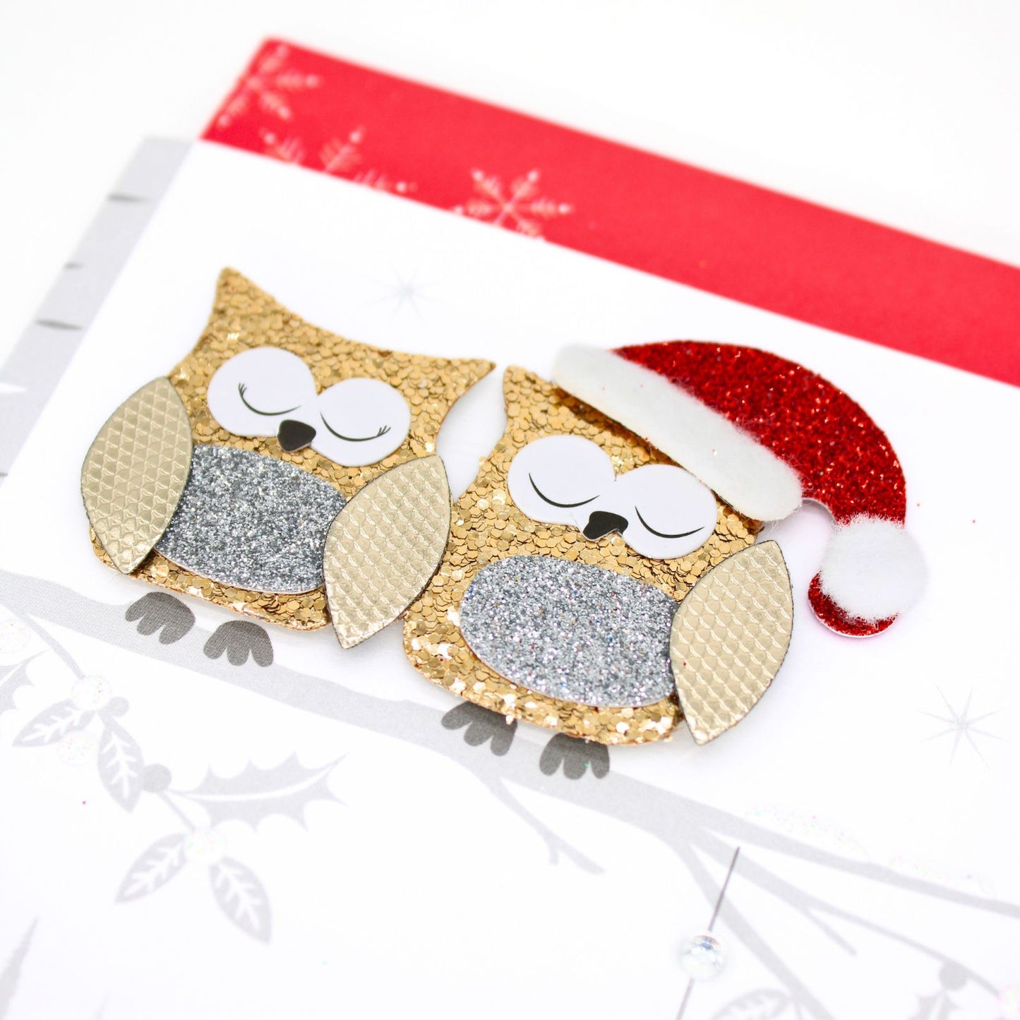 Festive Owls Christmas Card Flittered Hand-Finished Embellished Blank Inside