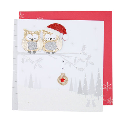 Festive Owls Christmas Card Flittered Hand-Finished Embellished Blank Inside