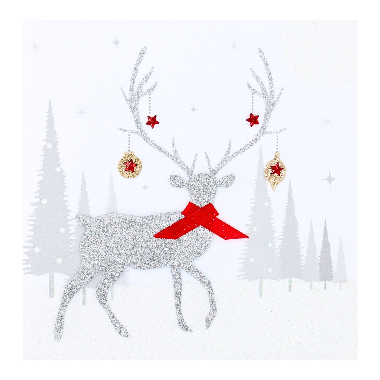 Silver Reindeer Christmas Card Flittered Hand-Finished Embellished Blank Inside
