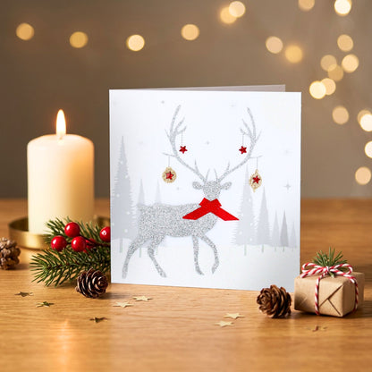 Silver Reindeer Christmas Card Flittered Hand-Finished Embellished Blank Inside