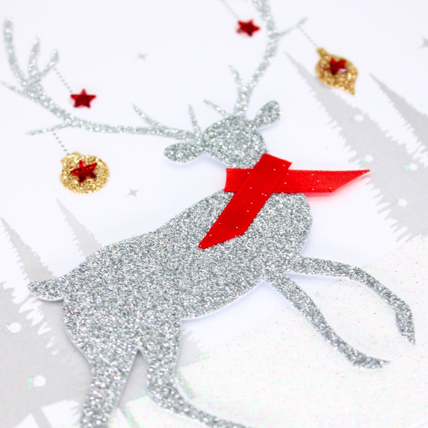 Silver Reindeer Christmas Card Flittered Hand-Finished Embellished Blank Inside
