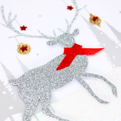 Silver Reindeer Christmas Card Flittered Hand-Finished Embellished Blank Inside
