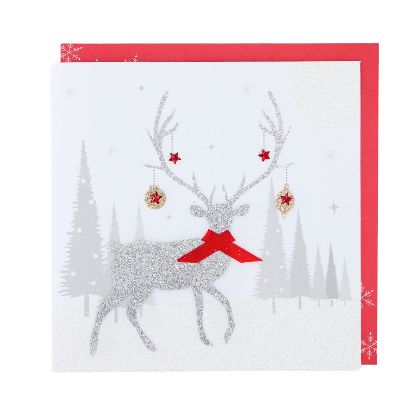 Silver Reindeer Christmas Card Flittered Hand-Finished Embellished Blank Inside