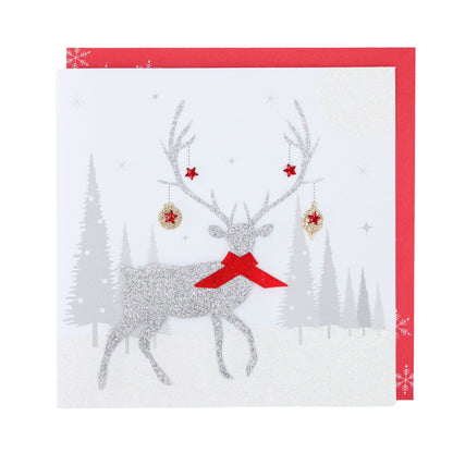 Silver Reindeer Christmas Card Flittered Hand-Finished Embellished Blank Inside