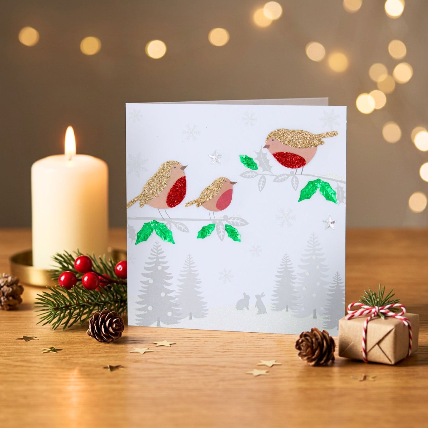 Festive Robins Christmas Card Flittered Hand-Finished Embellished Blank Inside