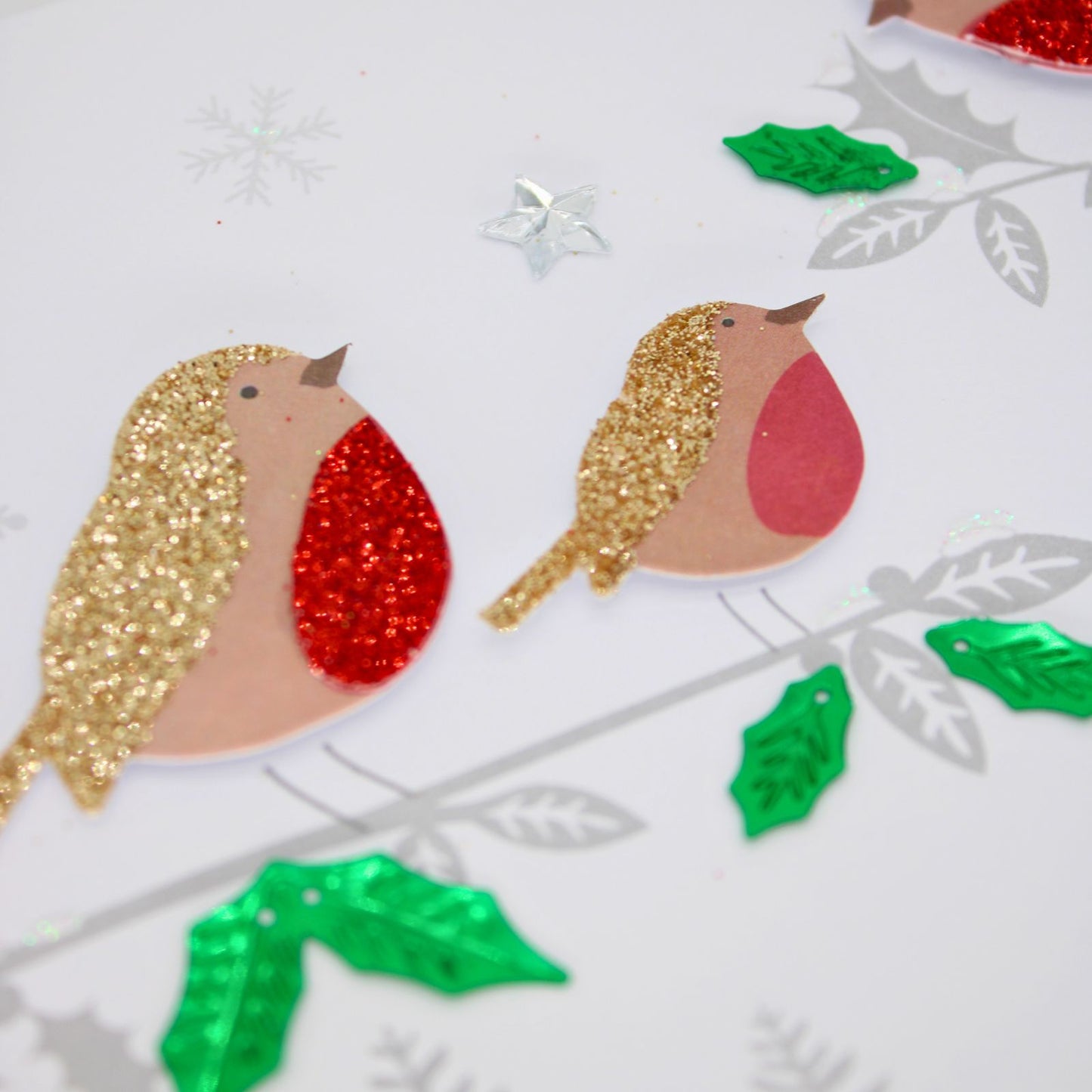 Festive Robins Christmas Card Flittered Hand-Finished Embellished Blank Inside