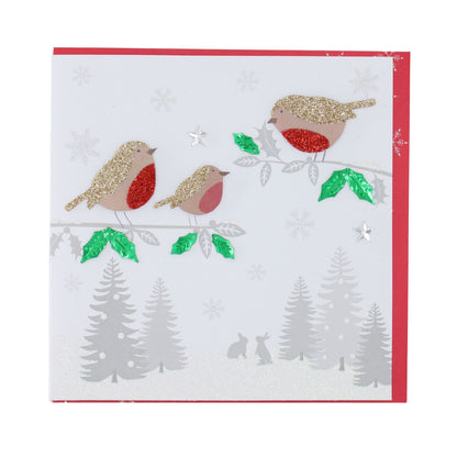 Festive Robins Christmas Card Flittered Hand-Finished Embellished Blank Inside